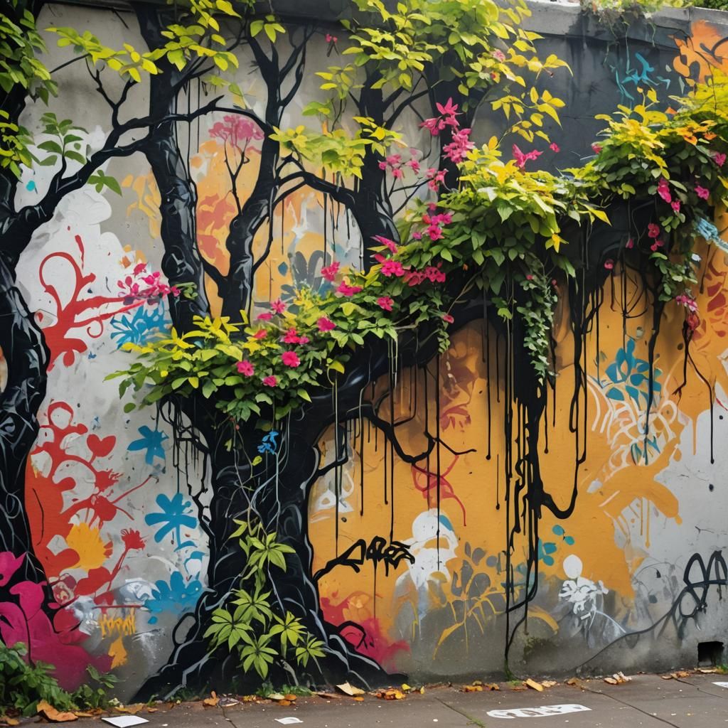Vibrant Forest Street Art Mural Close-Up