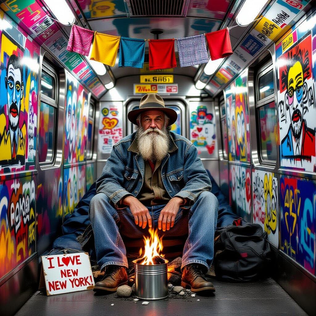 Elderly Man in Subway Tent with Fire, Basquiat & Haring Styl...