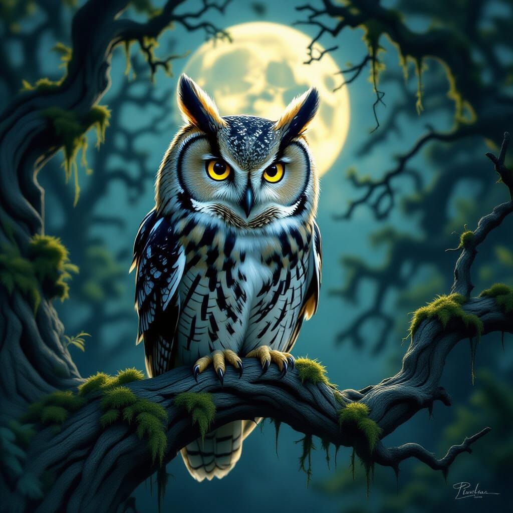 Wise Old Owl in Moonlight Forest Digital Painting