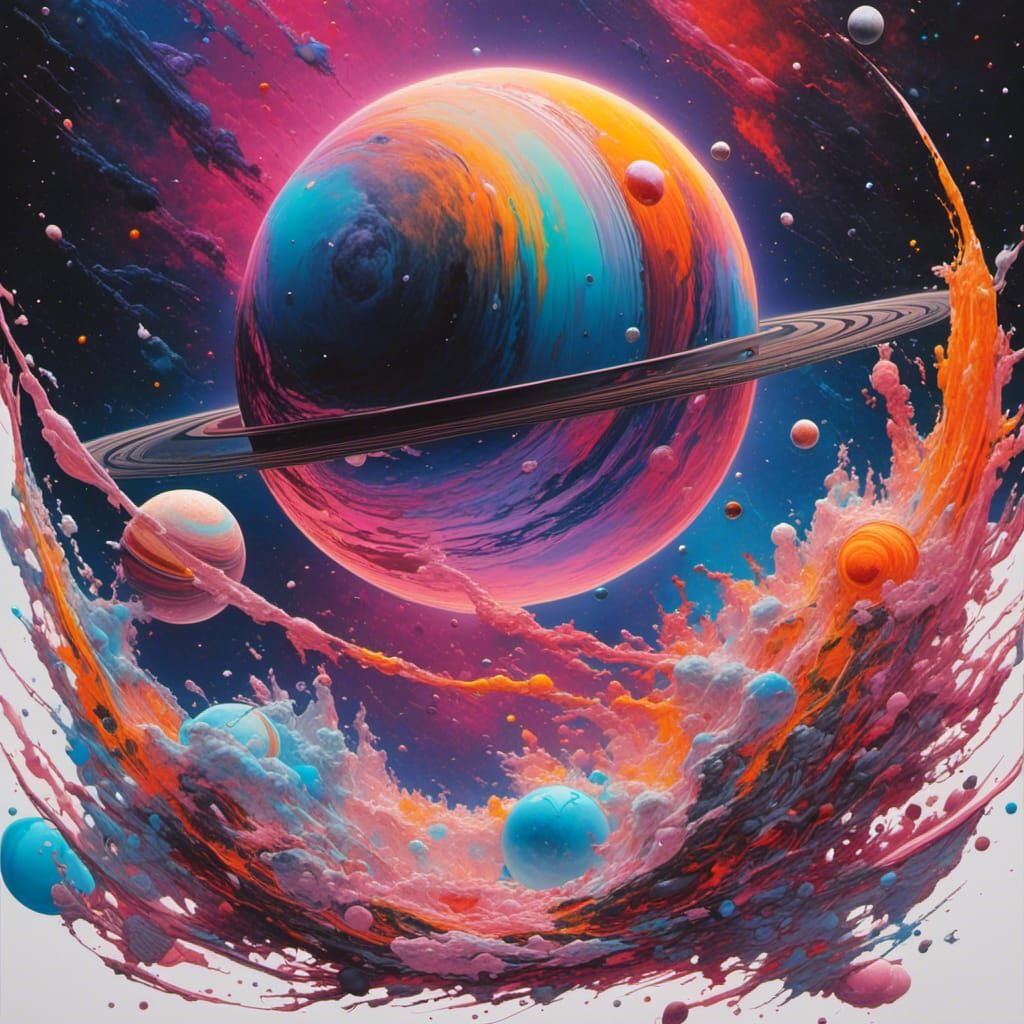 Colorful Saturn-like Planets in Graffiti Splash Art