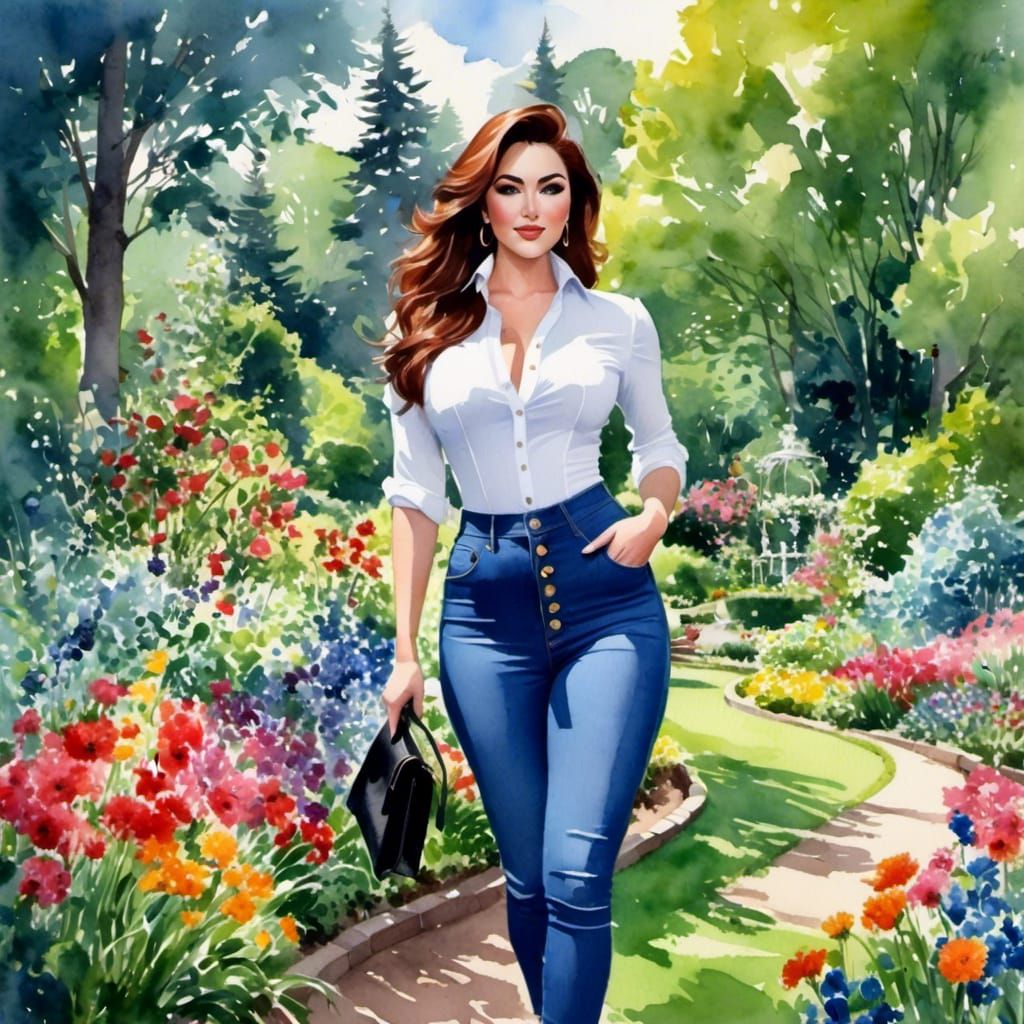 Brunette in Garden, Watercolor Portrait with Charcoal