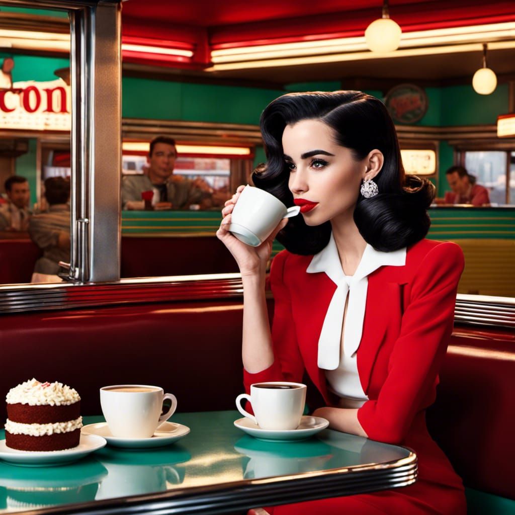 Sofia Carson drinking (excessive) coffee and a rather nice looking cake in a diner