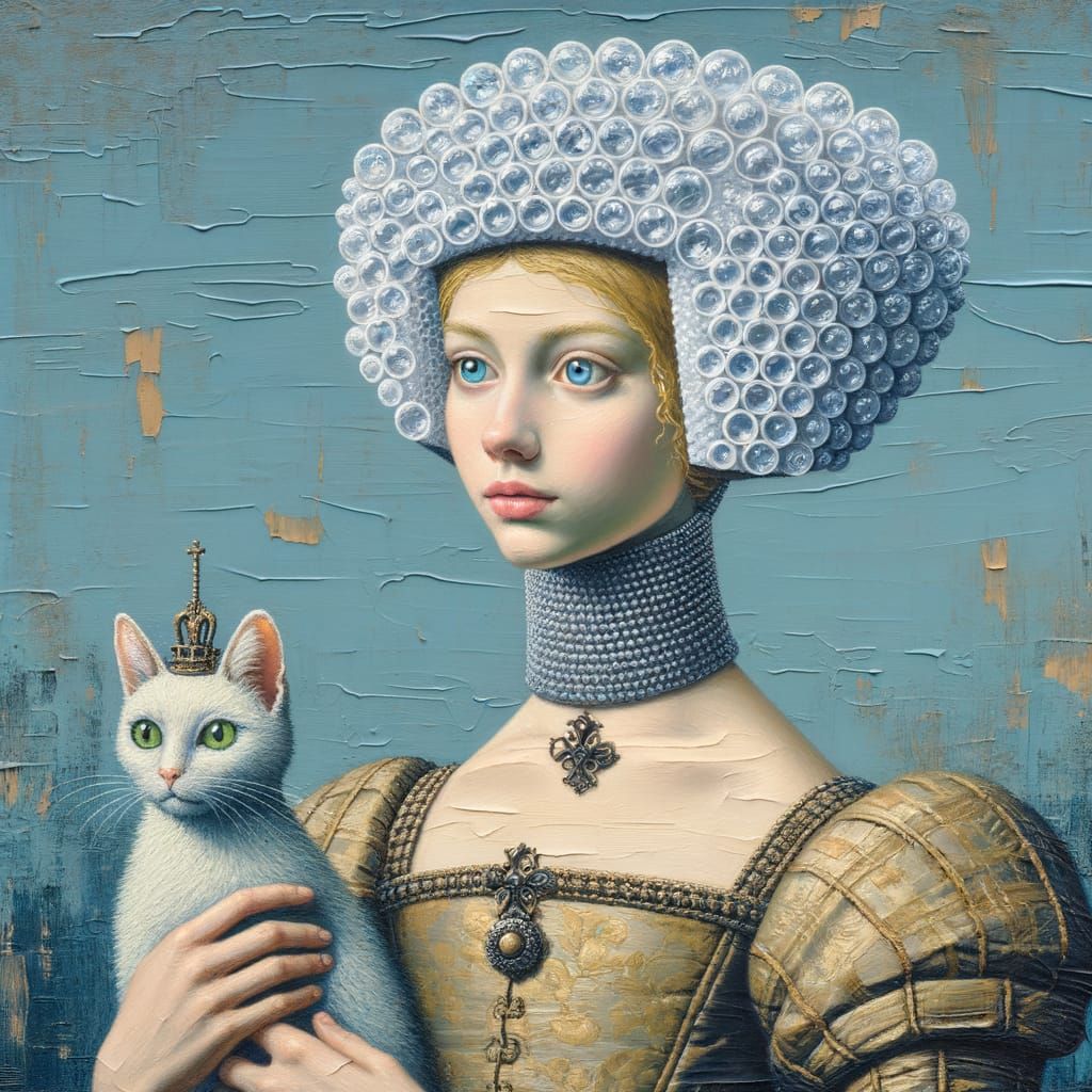 Woman in Bubble-Wrap Headdress, Impasto Oil Painting