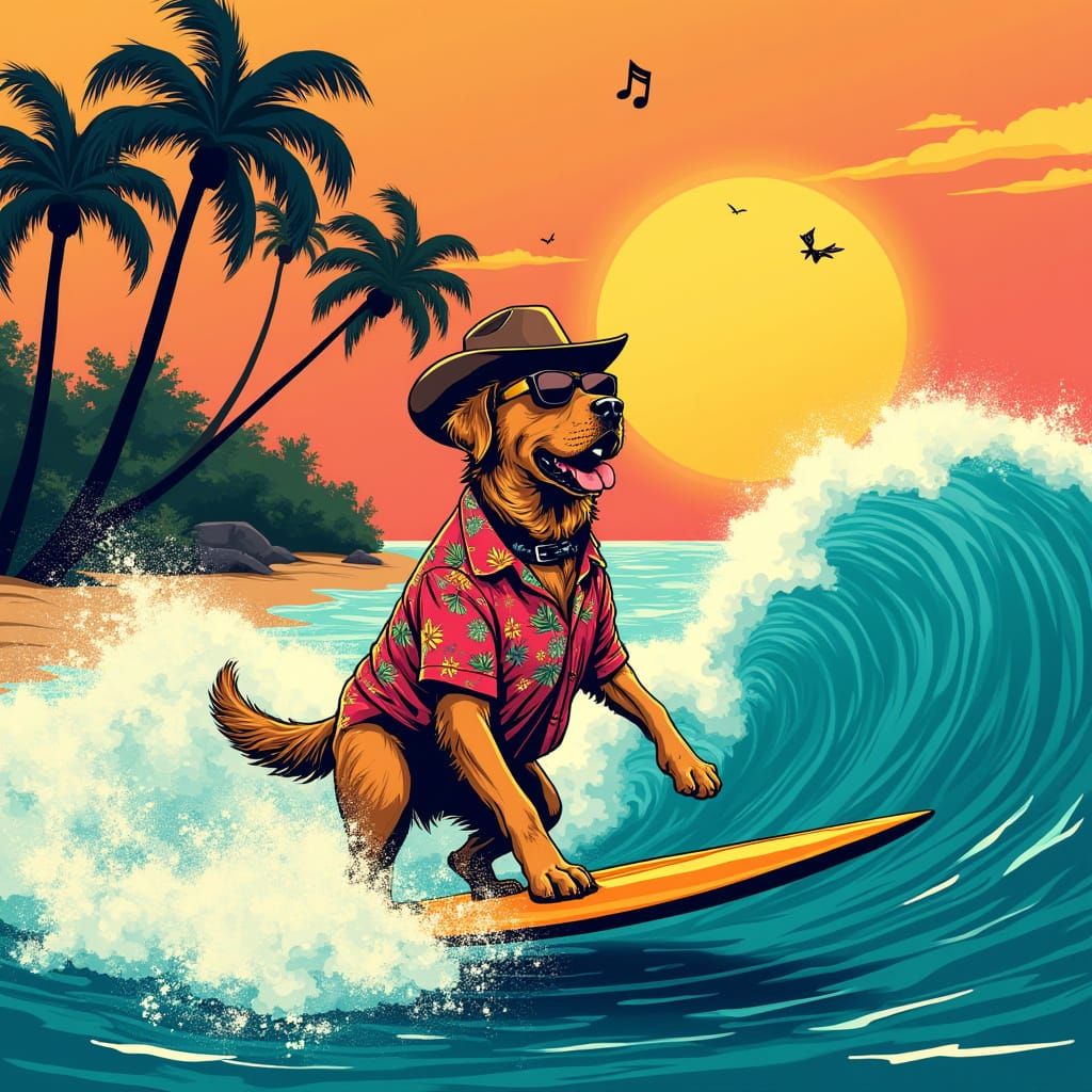 Golden Retriever Surfs Retro Wave with Cowboy Hat Still On