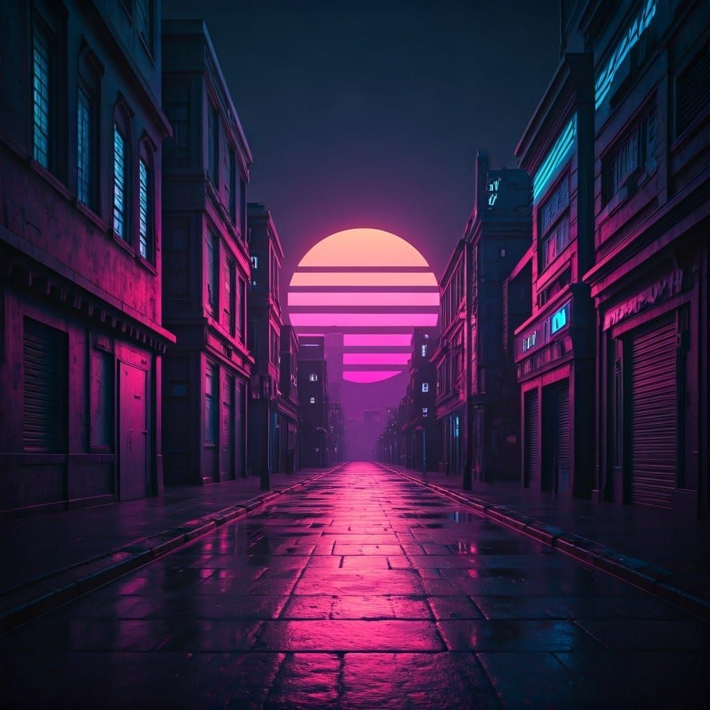 Retro-Futuristic Cityscape in Vibrant Synthwave Style