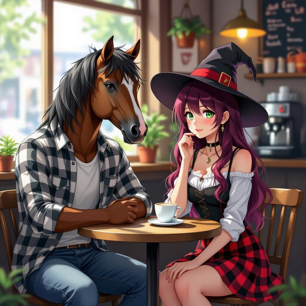 Horse-Headed Man in Coffee Shop, Anime Style