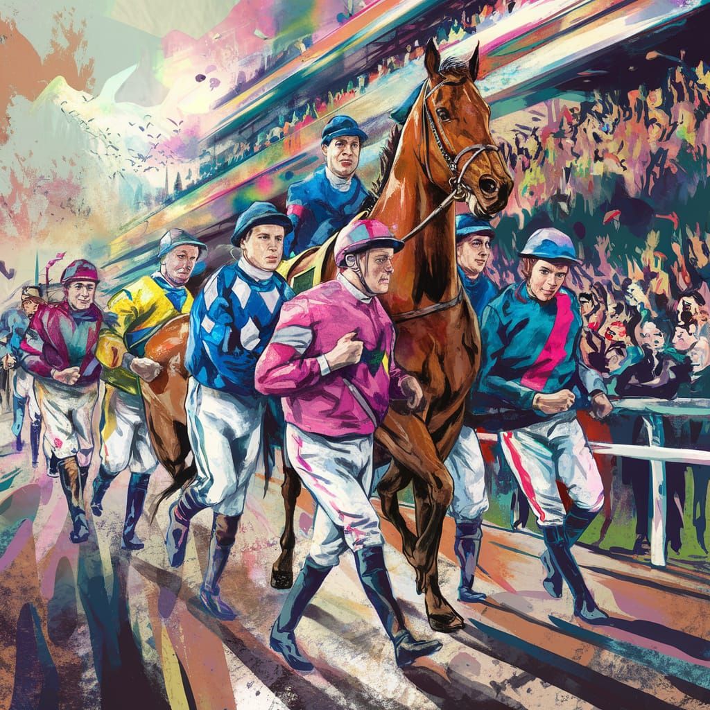 Jockeys Celebrate Victory in Surrealist Mixed Media