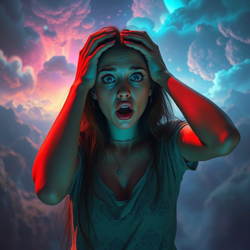 Surreal Dreamscape: Shocked Woman in Digital Art Style