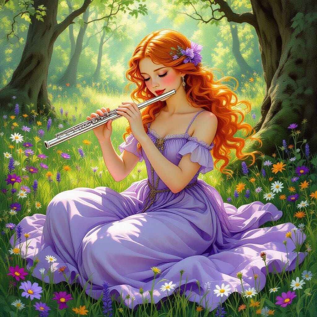 Girl with Flute in Forest, Art Nouveau Style