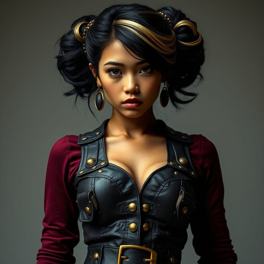 Steampunk Filipina Woman with Ornate Hair in Cinematic Light...