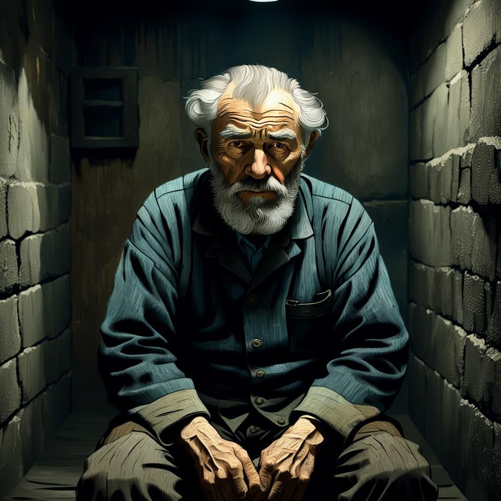 Melancholic Geologist in Prison Cell as Expressive Painting