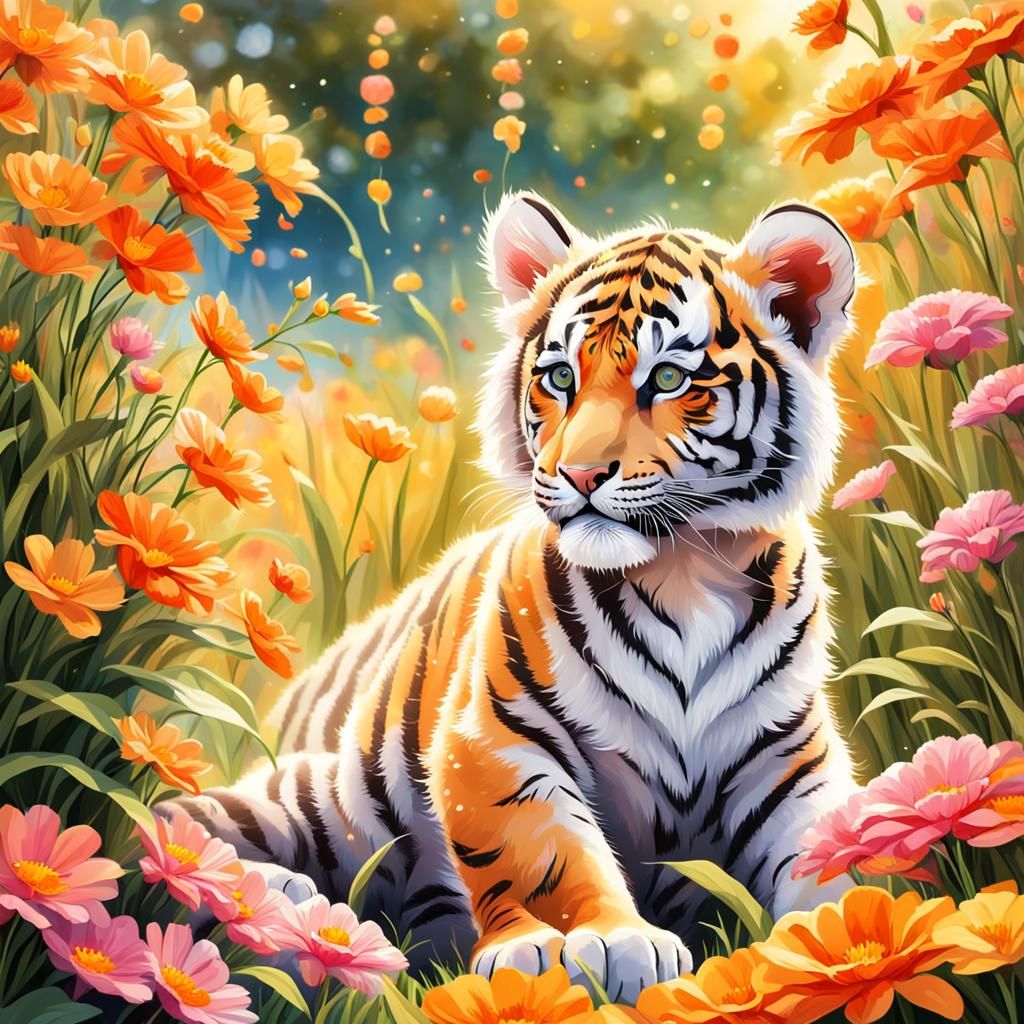 Majestic Tiger Cub in Floral Meadow