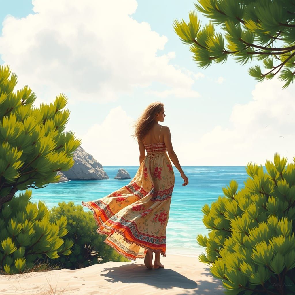 Woman on Cyprus Beach in Vibrant Digital Art Style