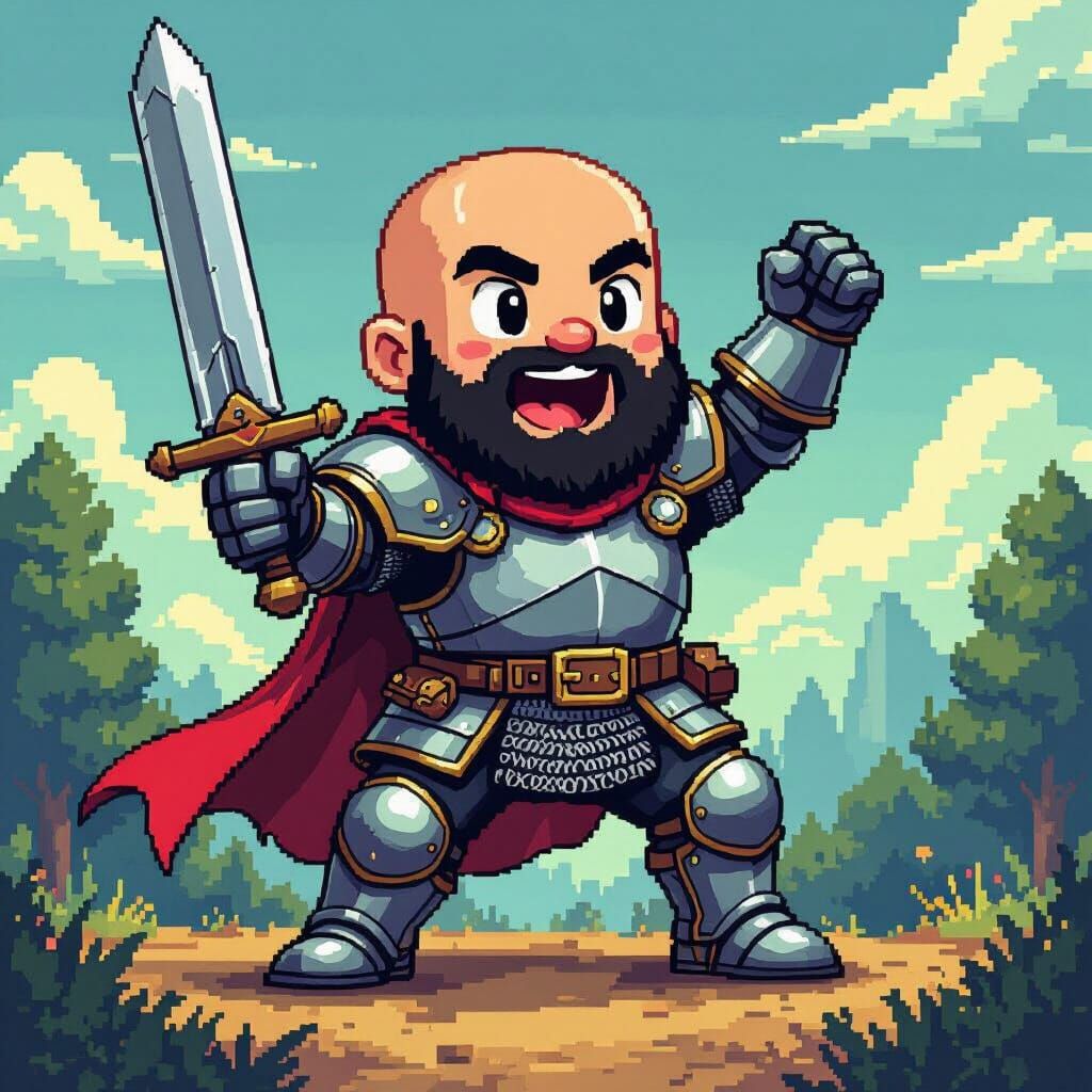 Excited Bald Knight in 8-Bit Pixel Art Style