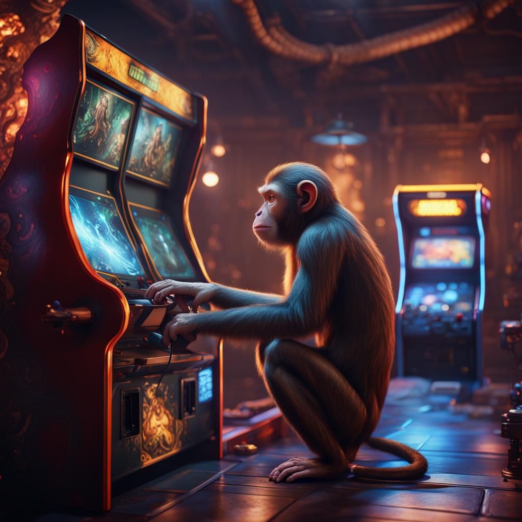 Monkey Gamer in Arcade: Detailed Matte Painting