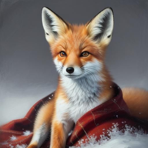 Whimsical Oil Painting of Curious Baby Fox in Snowy Landscap...