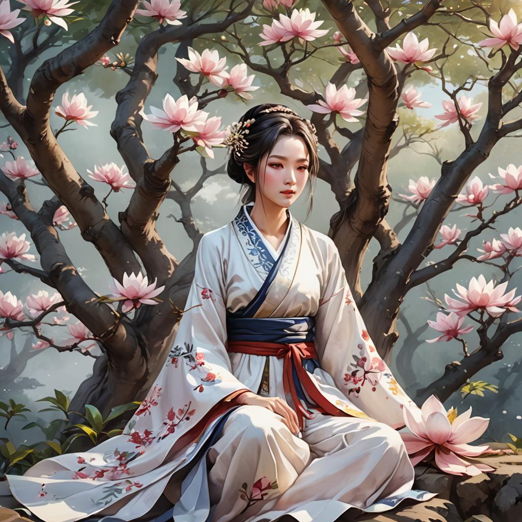 Lady in Hanfu by Magnolia Tree, Watercolor Anime Art