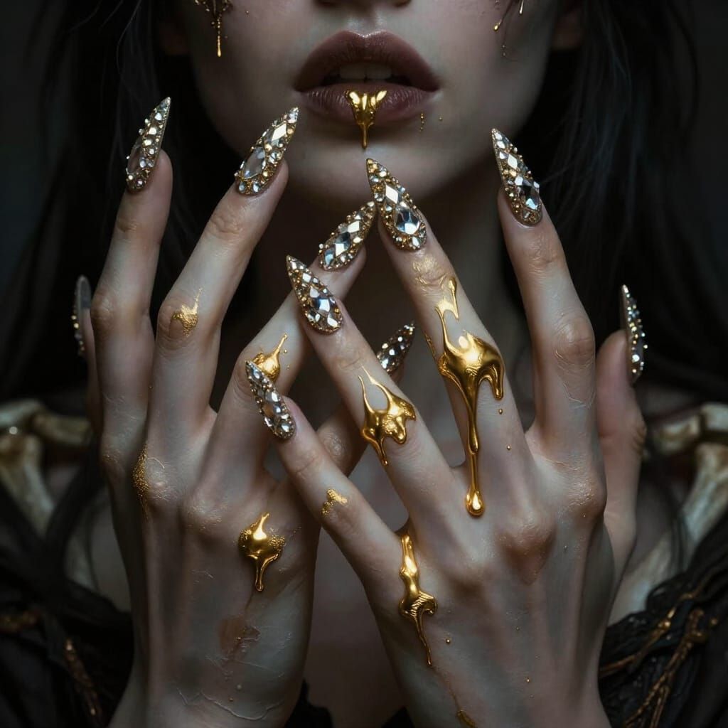 Surreal Hands Dripping Gold with Diamond Nails