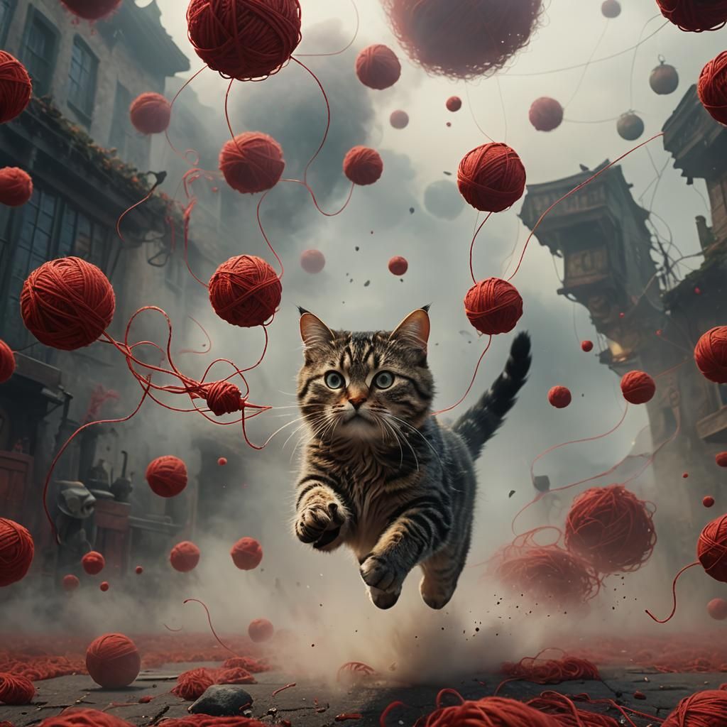 Cat Chasing Yarn: Ethereal Digital Painting