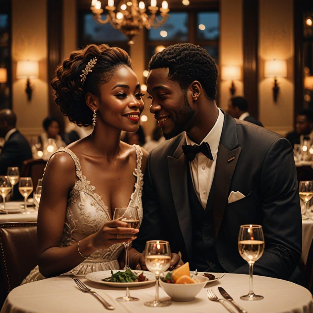 Elegant African American Couple in a Luxury Restaurant
