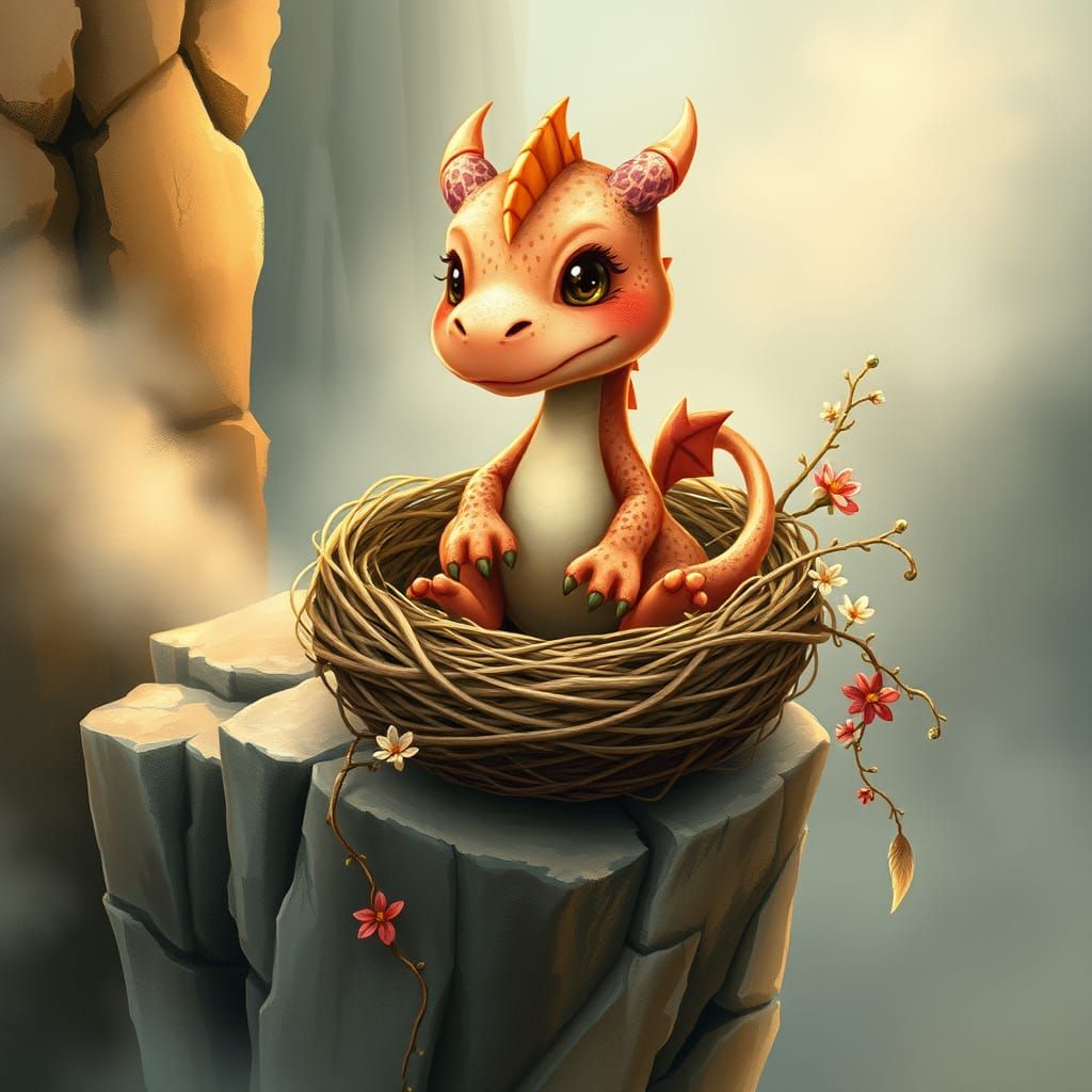 Adorable Dragon Baby in Cliffside Nest Illustration