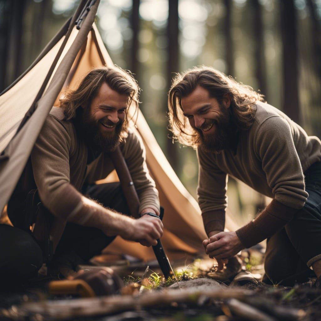 Happy Lumberjacks Pitching a Tent: Professional Photography