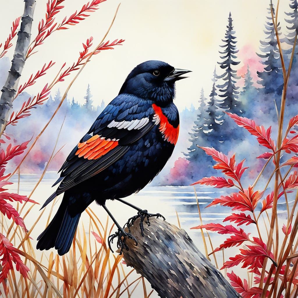 Watercolor Red-Winged Blackbird in Autumnal Lake Scene