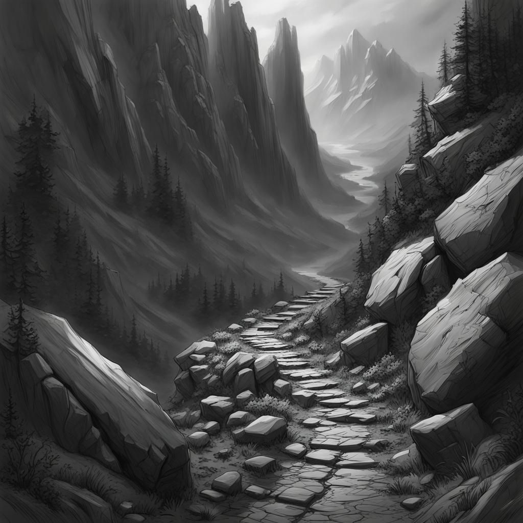 Detailed Mountain Path Drawing in Dark Fantasy Style
