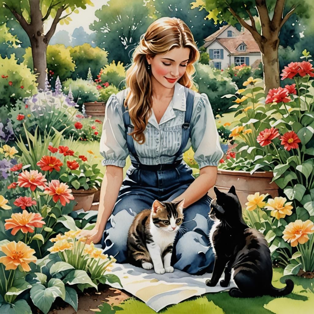 Watercolor Garden Scene with Woman and Kittens