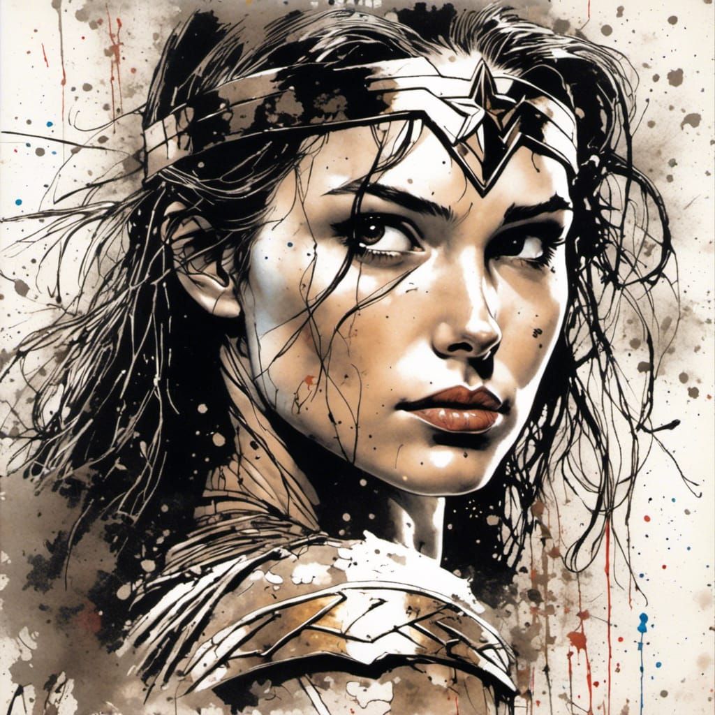 Wonder Woman Vintage Portrait in Splash Art Style