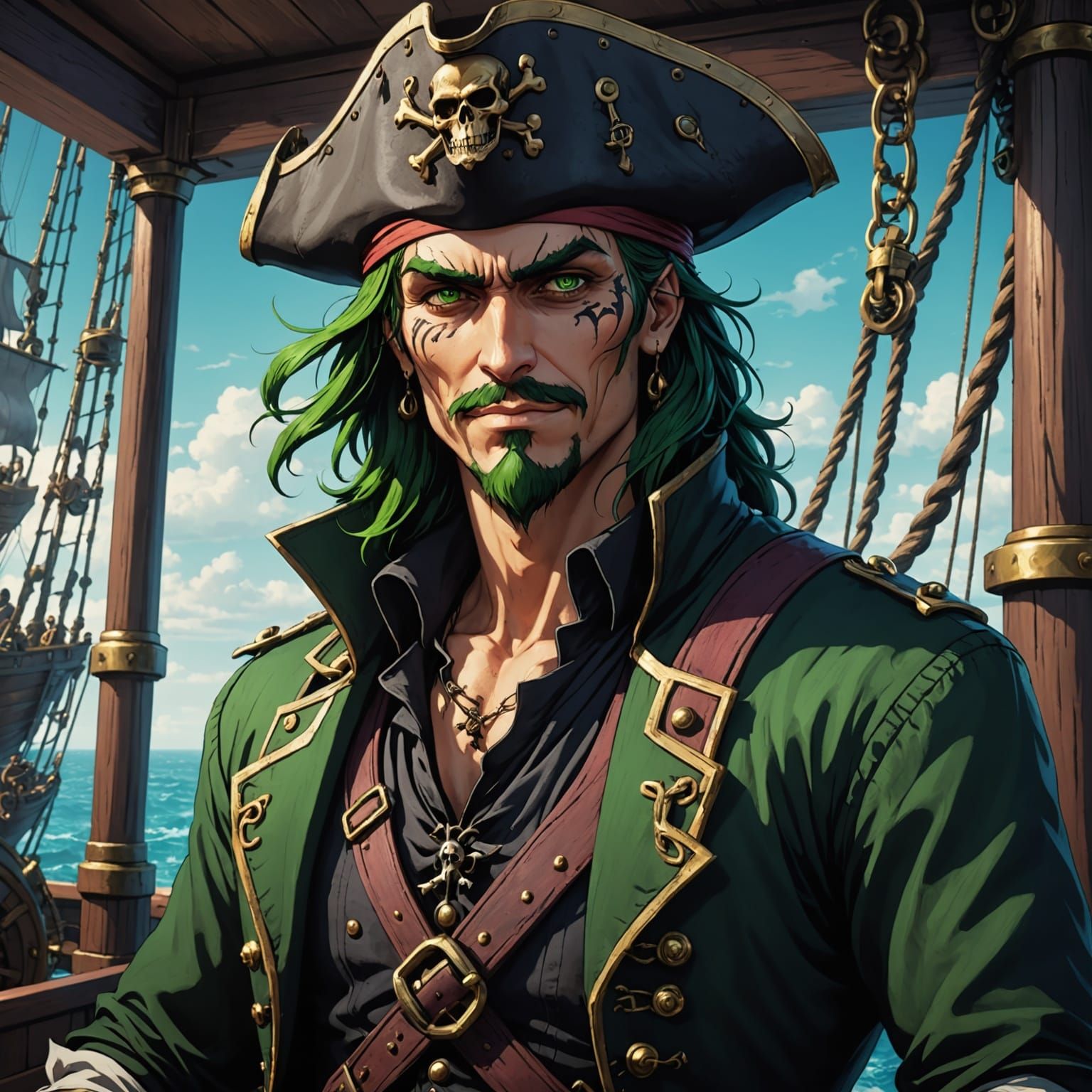 Gothic Pirate on Deck in Anime Style