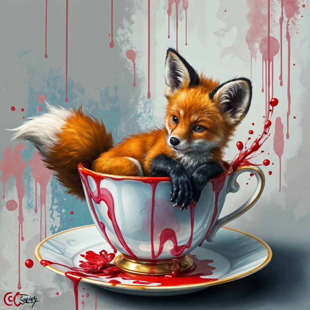 Red Fox Pup in Teacup Graffiti Art
