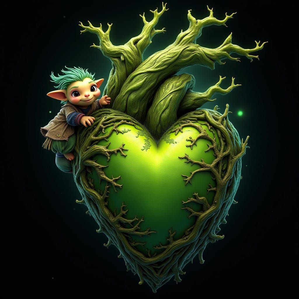 Twisted, Ancient Green Heart with Mischief-Loving Kobold