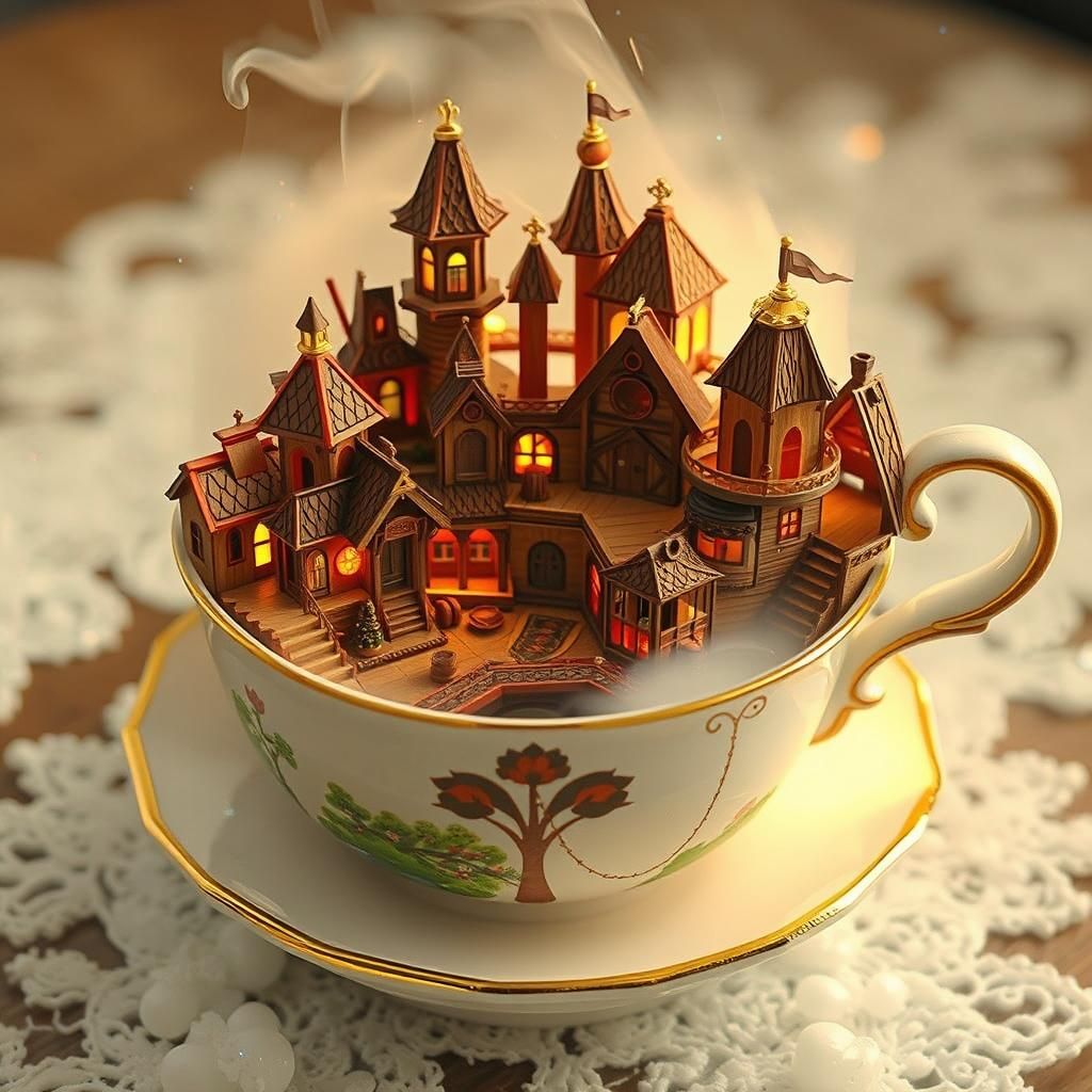 Miniature Wooden Town in Teacup, Hyper-Realistic Style