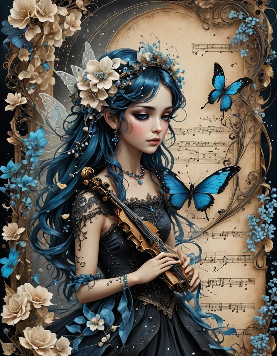 Vintage Fairy with Flowers and Music Paper