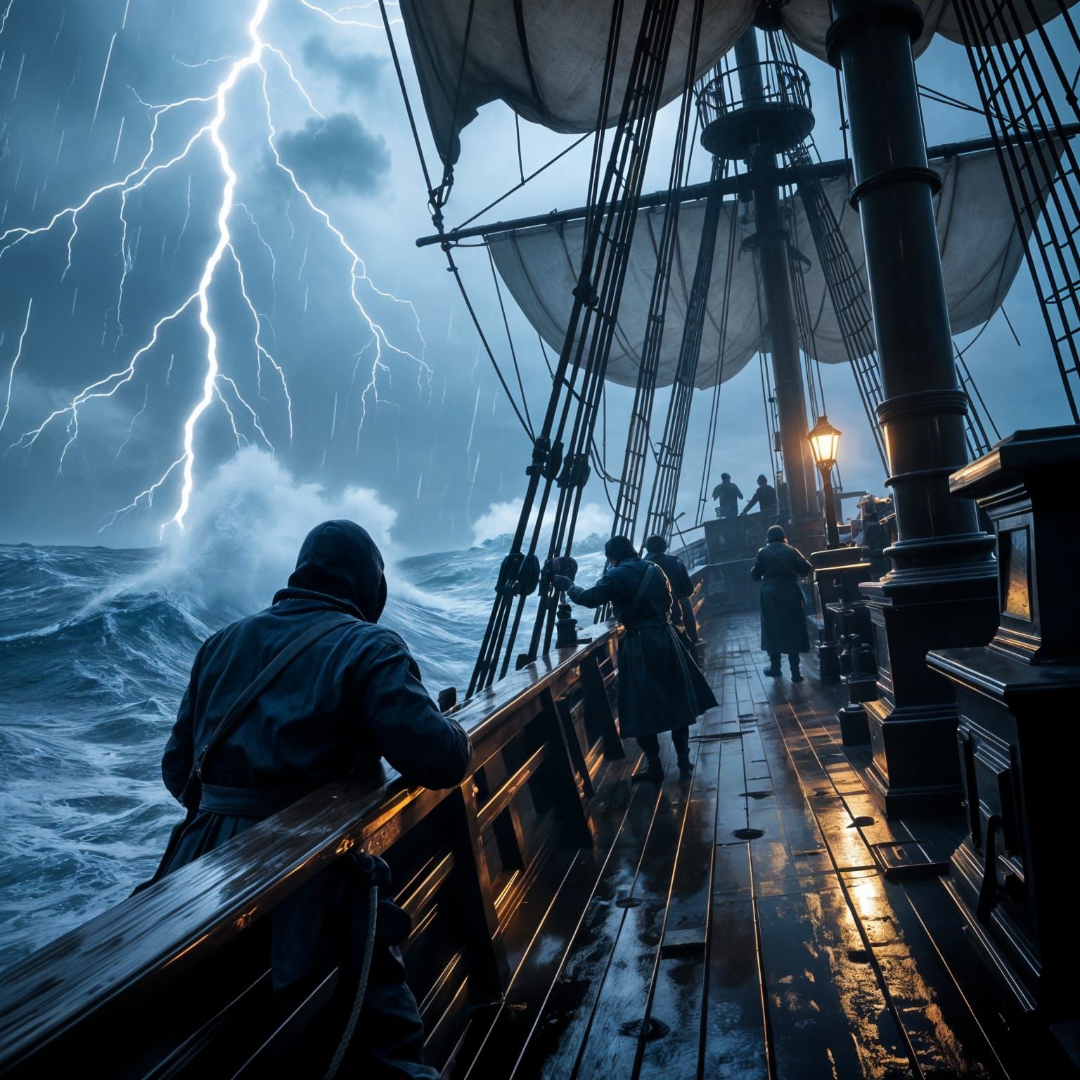 Storm-Lashed Ship Deck: Epic First-Person Adventure