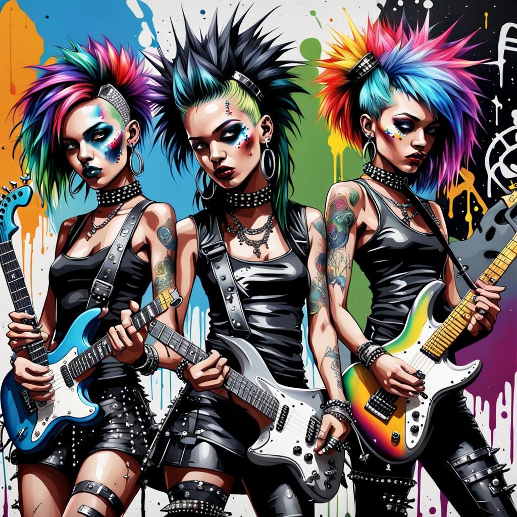 Gothic Punk Rock Princesses Band in Graffiti Style