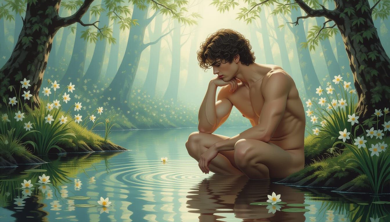 Tragic Narcissus Gazes at Reflection in Ethereal Forest