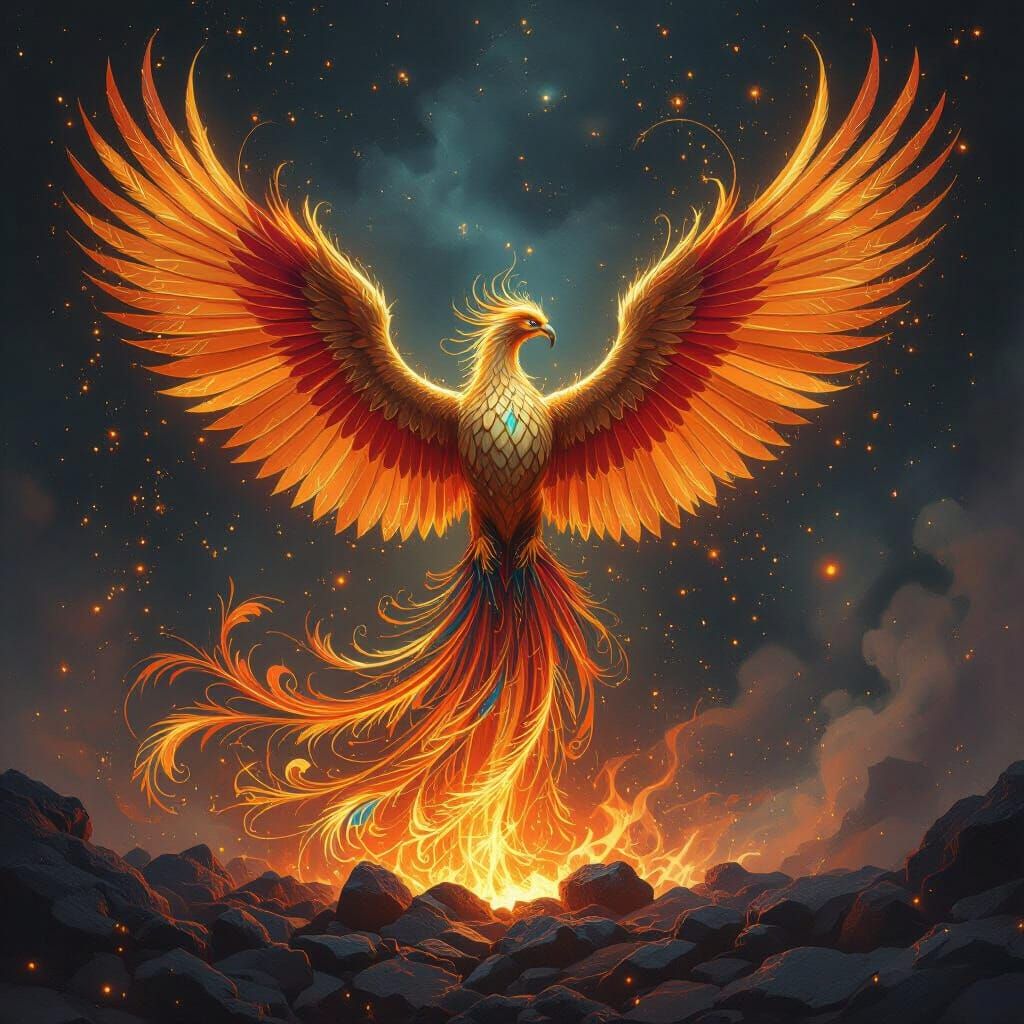 Majestic Phoenix Rising in Baroque Chiaroscuro