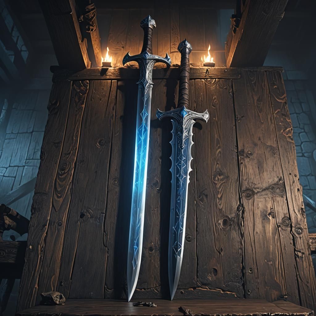 Medieval Longsword with Glowing Runes in Dark Room
