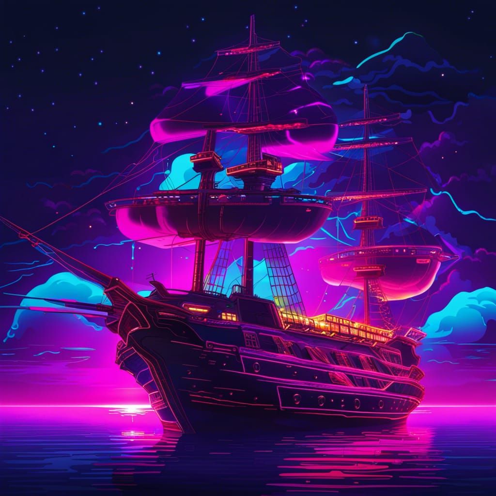 Cosmic Pirate Ship in Synthwave Neon Style