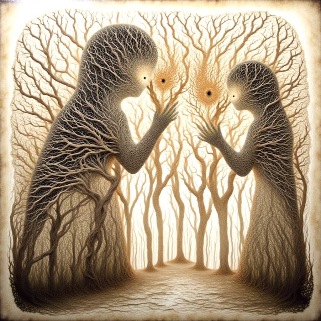 Surreal Abstract Art with Human Silhouettes and Light Rays