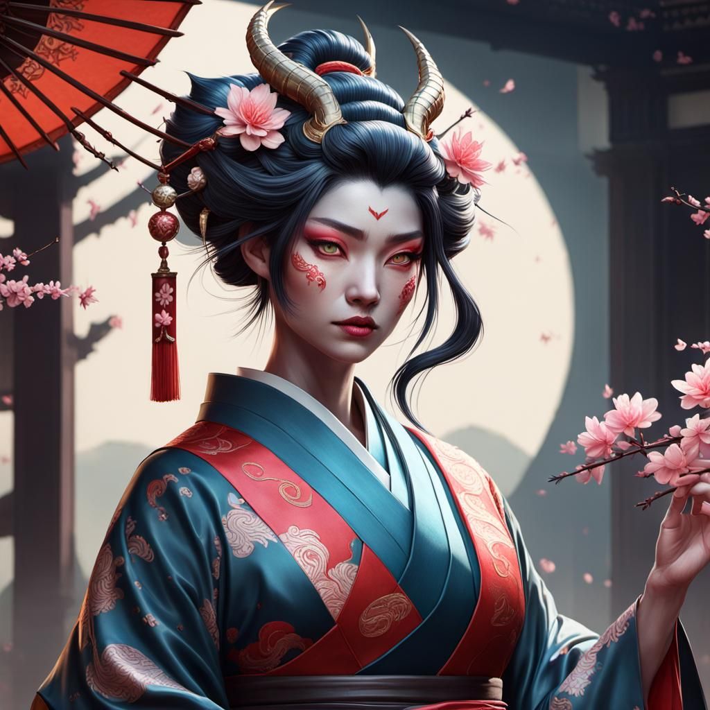 Dragon Geisha: Hyperdetailed Portrait in Triadic Colors