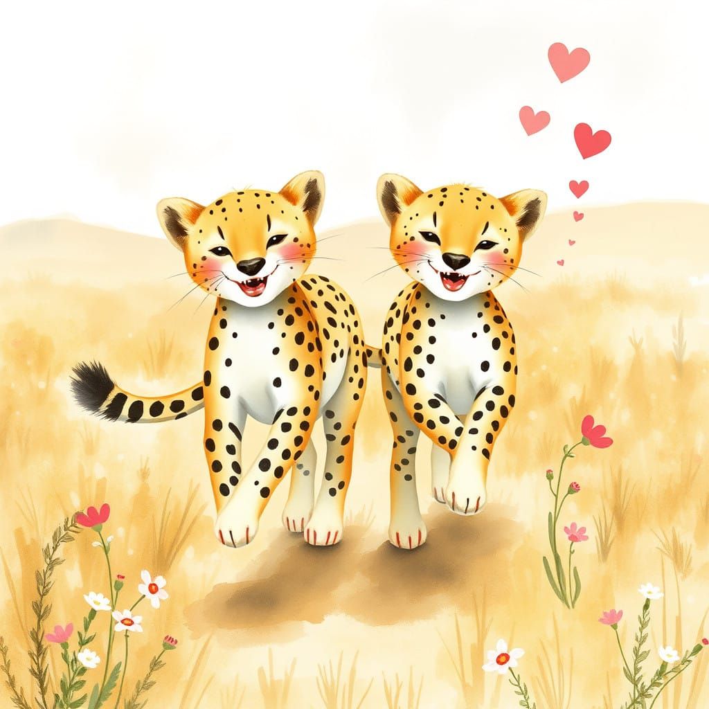 Whimsical Cheetahs Chase Hearts Across Sunny Savanna in Wate...