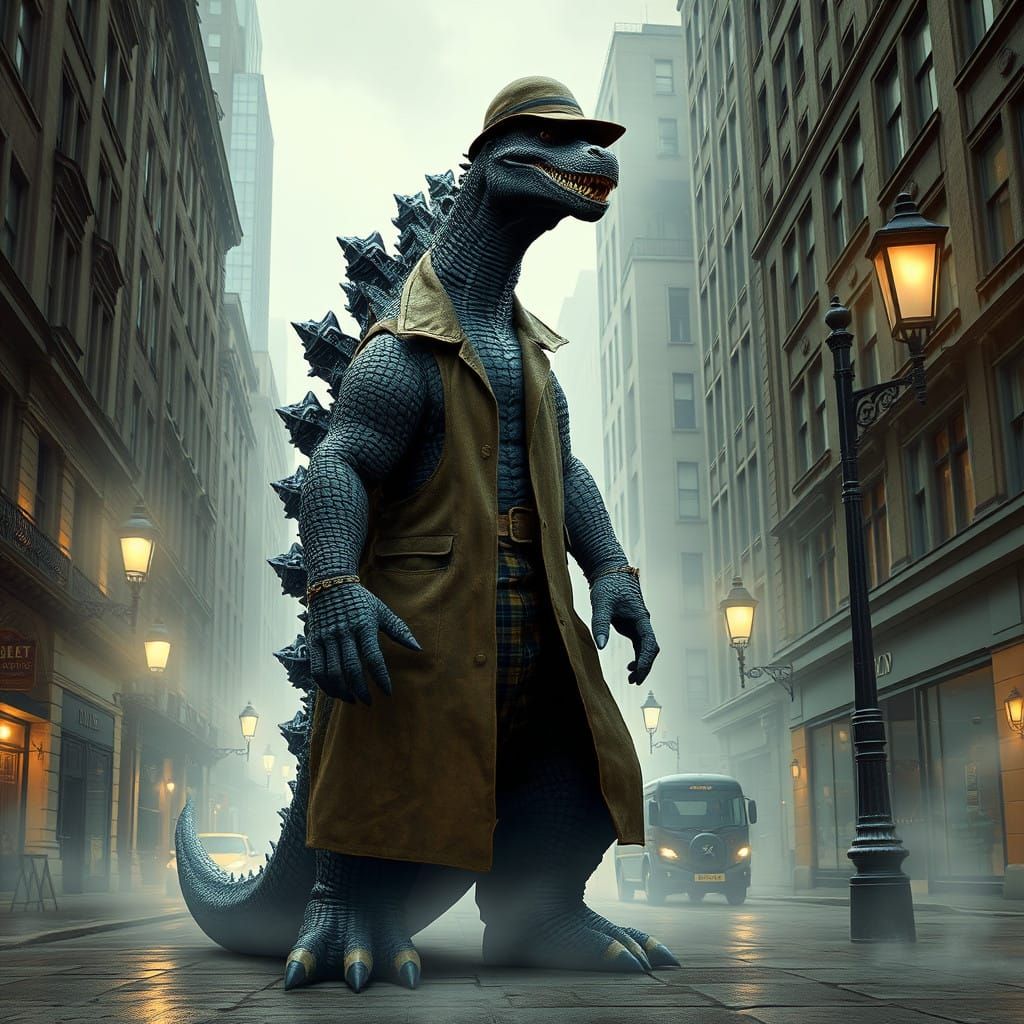 Godzilla in Sherlock Holmes Attire Amidst Victorian London