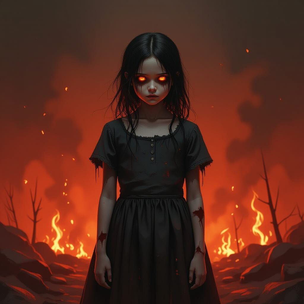 Haunting Girl Losing Soul in Fiery Abyss