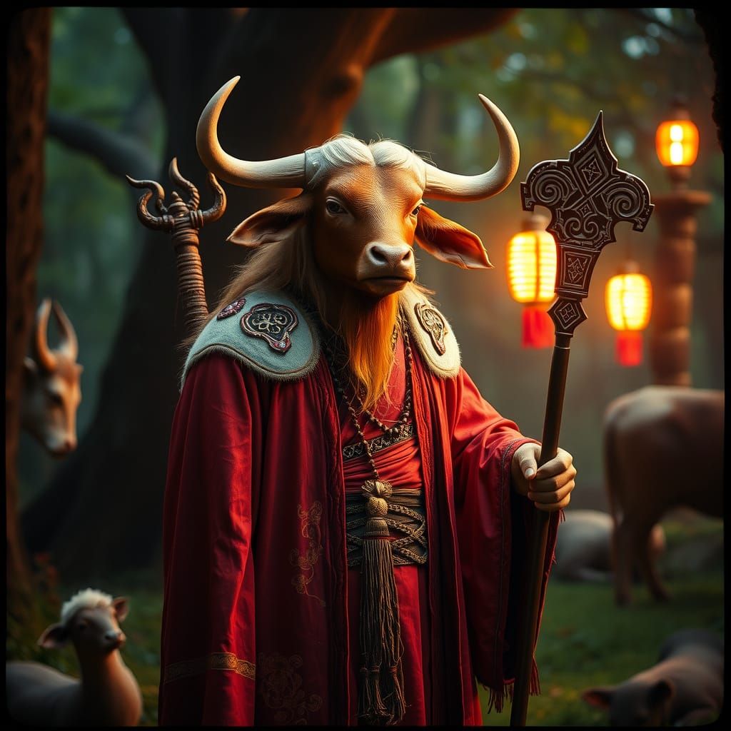 Mystical Ox Druid in Fantasy World: Cinematic Film Still