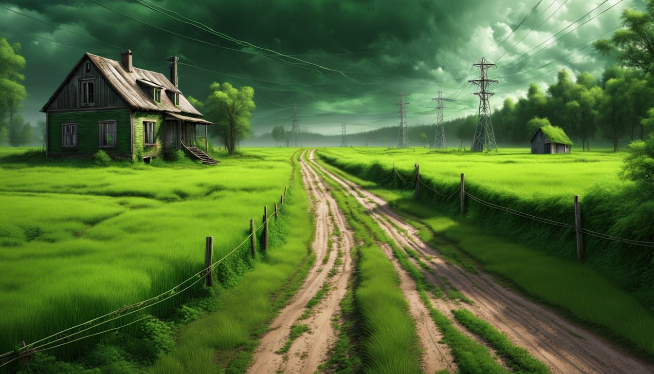Neon Green Field with Abandoned Cottage: Matte Painting