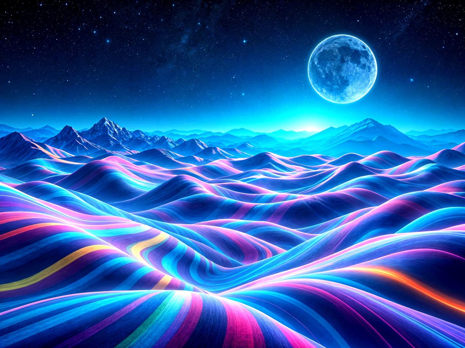 Surreal Cosmic Landscape in Vibrant Striped Patterns