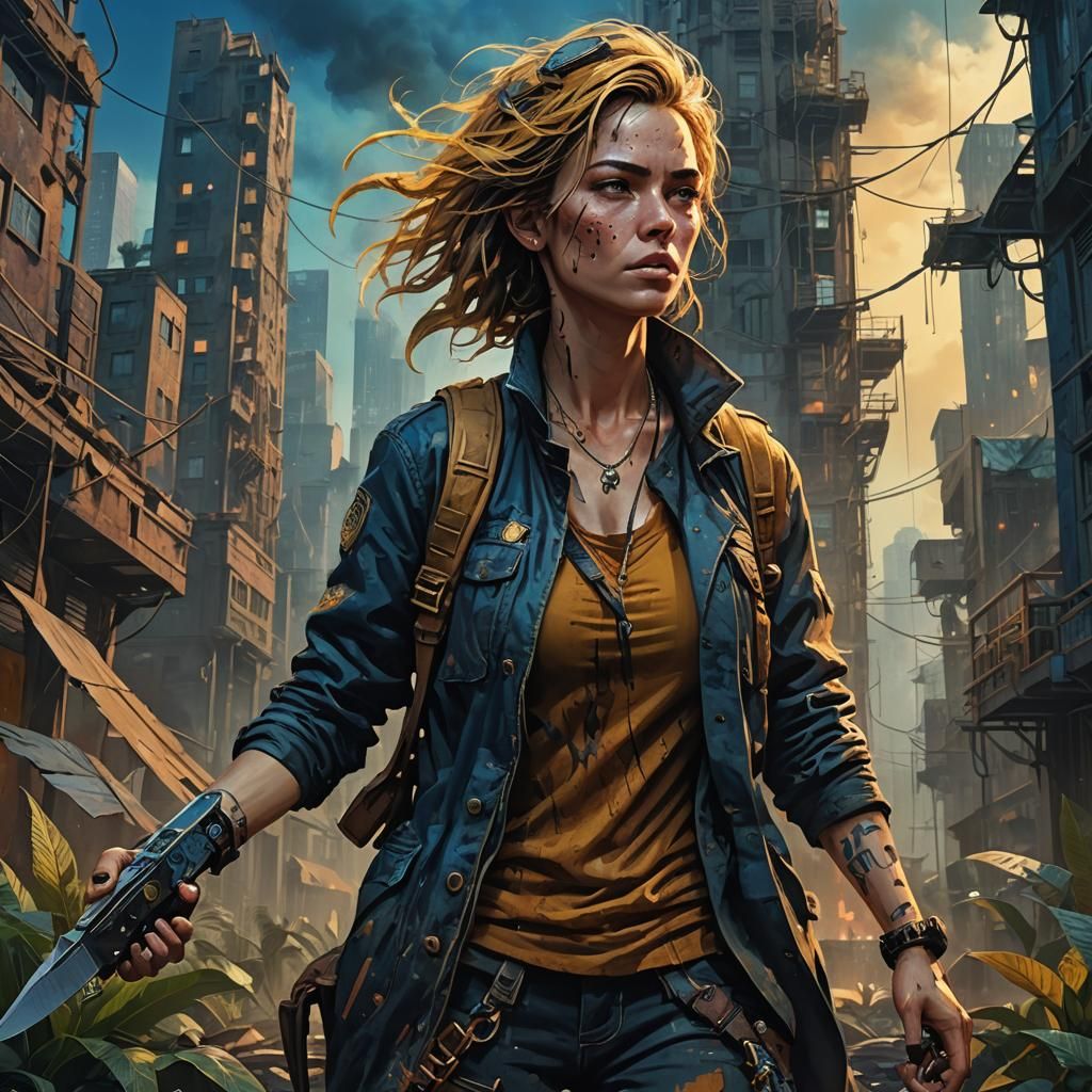 Female Hustler in Post-Apocalyptic Cyberpunk Cityscape